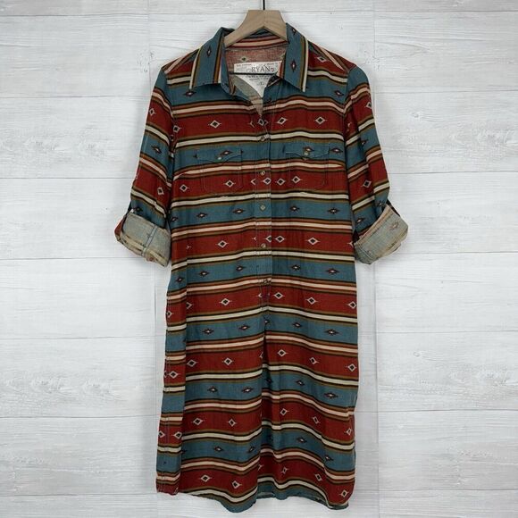 Ryan Michael Tunic Shirt Dress Women L Aztec Blanket Stripe Western Linen Blend - Picture 2 of 14